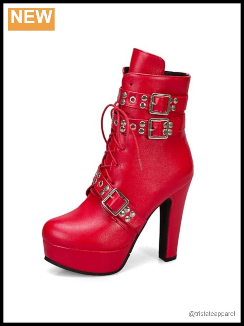 Chunky High Heel Ankle Boots Studded Lace-up Combat Platform PU Leather Mid